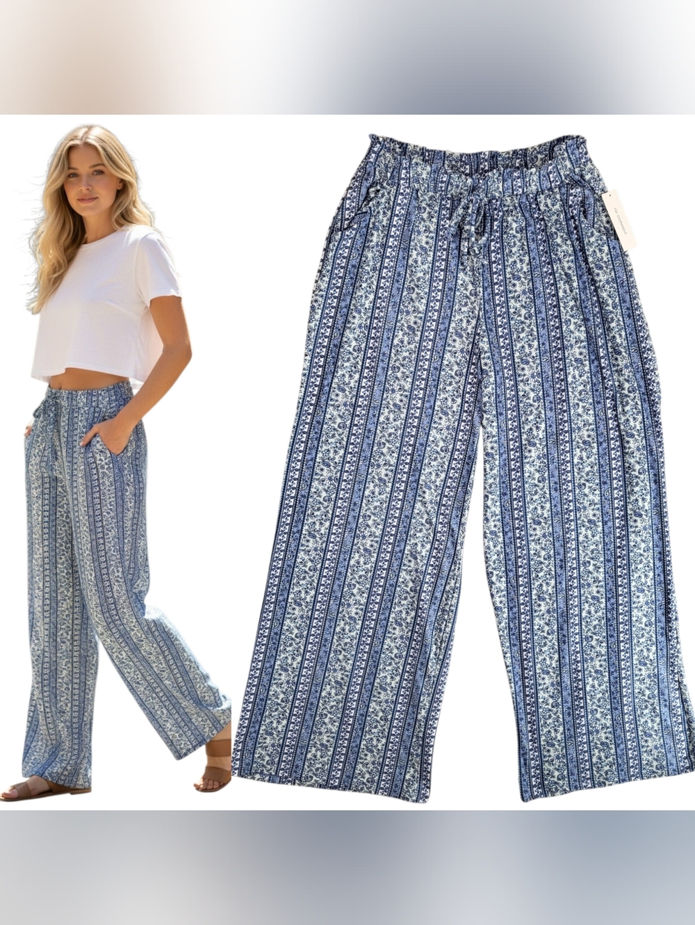 No Comment Floral Paisley Palazzo Pants Blue White Wide Leg Boho NWT Size M